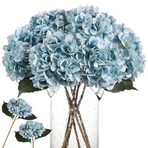 Kisflower Blue Hydrangea Artificial Flowers 6pcs Faux Hydrangea Flowers, Fake Flowers for Table Centerpiece, Blue Silk Hydrangea Flowers with Stems for Home Wedding Party Decor