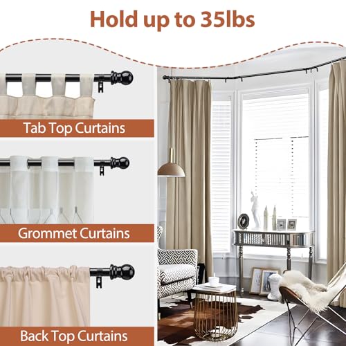 Bay Window Curtain Rods, 1 Inch Heavy Duty Metal U Shaped Corner Curtain Rod, 59-184” Adjustable Curved Curtain Rod for Bay Window Black