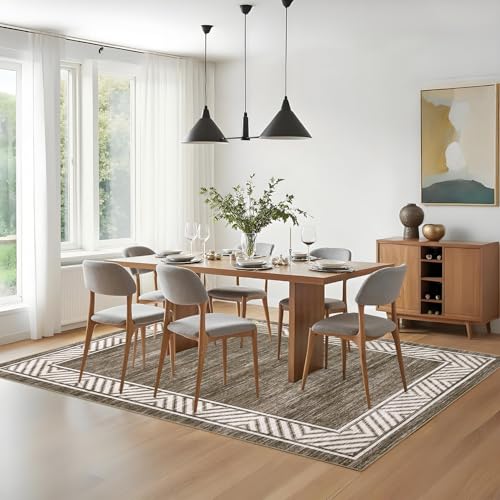GarveeHome Bordered Bedroom Rugs 5x7 Ultra-Soft Indoor Carpet, Non-Slip Modern Geometric Living Room Rug, Stain-Resistant Neutral Accent Floor Cover for Dining Room, Nursery, Office, Brown