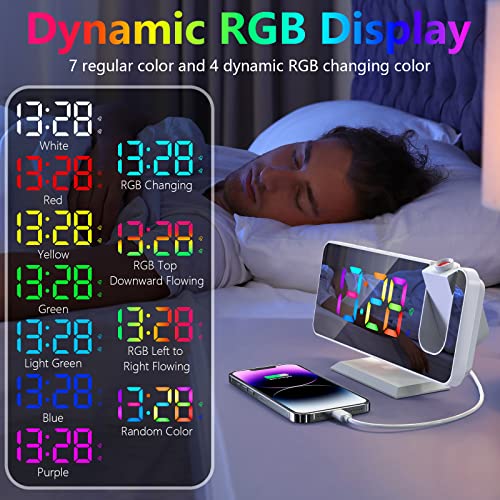Projection Alarm Clock for Bedrooms Ceiling,7.3" Digital Clock Large Display Mirror Screen,11 Colors RGB Clock with 180° Rotatable Projector,5 Auto Dimmer,12/24h, Snooze,Dual Alarm
