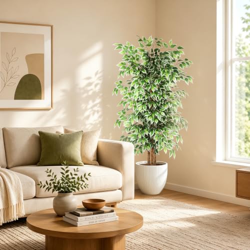 GTIDEA 6ft Ficus Artificial Tree, Tall Faux Trees Indoor with Natural Trunk and Fake Silk Tree Fake Plants for Home Decor Living Room Outdoor Balcony House Office (NO VASE Included)
