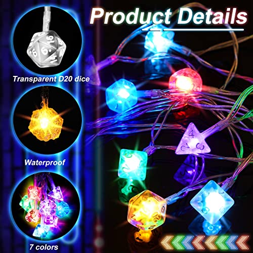 Wettarn 10 ft Polyhedral Dice String Lights LED Dice Lights Strands Extendable Glow in the Dark Party Decorations for Role Playing Game Bedroom Indoor Outdoor Wedding Tree Garden Decoration