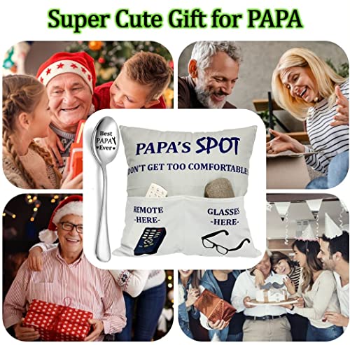 Papa Gifts Grandpa Gifts, 2-Pocket 2-Sided Papa Pillow Covers 18x18 Inch and Engraved Spoon, Fathers Day Birthday Christmas Thanksgiving Day Gifts for Papa Popop Granddad