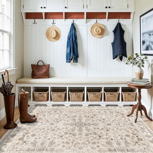 4x5 Washable Kitchen Entryway Rug – Non-Slip Soft Low Pile Indoor Carpet for Bathroom Living Room Bedroom – Boho Floral Small Throw Area Rug (Beige,4x5)