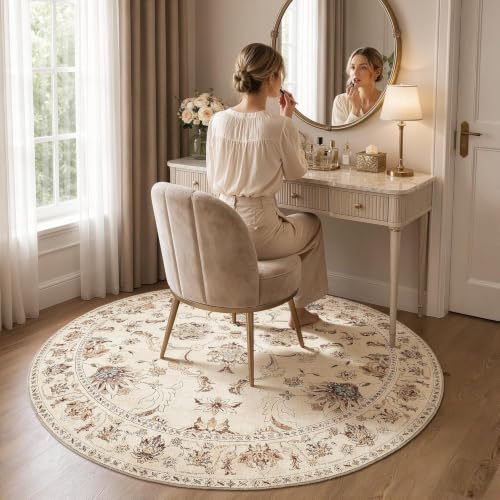jinchan 6ft Traditional Floral Round Rug, Washable Rug, Oatmeal Rust
