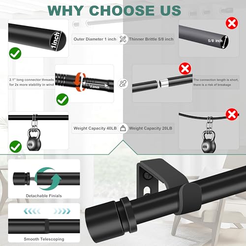 Ottsuls Curtain Rods for Windows, 32 to 60 or 71 Inches Max Adjustable Length, 1 Inch Diameter, Black Decorative Curtain Rod Set, Rustproof Heavy Duty Metal Pole with Brackets