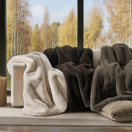 EVERGRACEHOME Luxury Soft Faux Chinchilla Fur Throw Blanket for Couch, Warm Thick Heavy Winter Throw Blanket 1220GSM for Bed, Fluffy Cozy Mink Blanket with Reversible Velvet, Birch Mink, 60"x80"