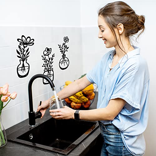 qzmaikoo 3 Pieces Black Metal Flower Wall Decor, Floral Vase Wall Art, Farmhouse Metal Wall Hanging for Bathroom Kitchen Bedroom Hallway