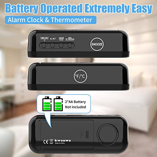 KWANWA 2-in-1 Digital Alarm Clock with Indoor Thermometer – Flip to Show Temperature, Battery Operated, LED Display, Adjustable Brightness, Auto Dimming, Snooze, Portable Size, Travel Clock for Office