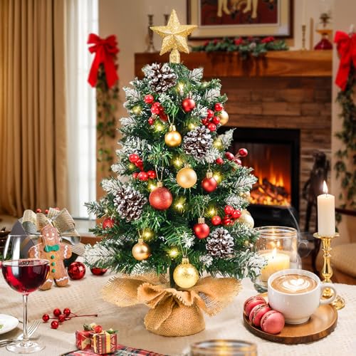 Mini Christmas Tree with Lights, 24 Inch Tabletop Christmas Tree with Berries Star Treetop Ornaments Balls Artificial Small XMS Tree for Table Desk Home Christmas Holiday Decor