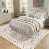 Washable Area Rug 6x9, Pink Boho Floral Rugs for Bedroom Girls, Soft Low-Pile Indoor Nursery Carpet for Living Room Dining Room Playroom Dorm Kids Room Decor