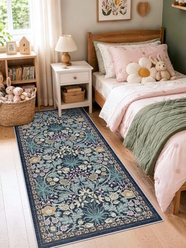 3x6 Washable Non-Slip Entryway Rug: Floral Indoor Runner Rugs Floor Carpet for Hallways Kitchen Bedroom Laundry Bathroom Beside Bed - Stain & Fade Resistant, Boho Botanical Design 3x6 Blue