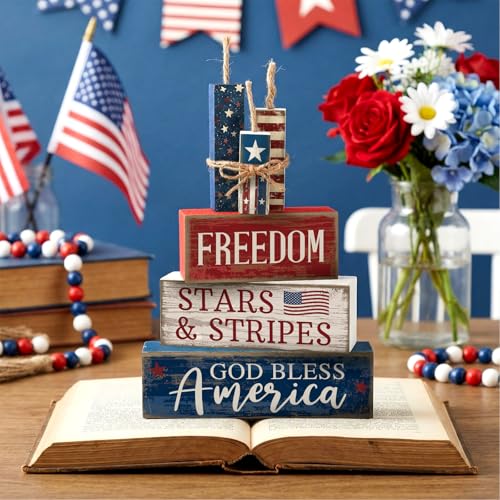 CroBlissful 4 Pcs 4th of July Decorations Patriotic Memorial Day Tabletop Decorations Red White Blue Table Centerpieces Sign for Office Tiered Tray Home Shelf 250th Anniversary(Freedom)