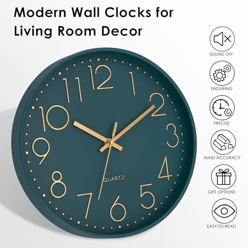 Lumuasky Wall Clock,Battery Operated Modern Analog Silent Non-Ticking Decorative Emerald Clock for School Office Classroom Bedroom Kitchen Living Room Nursery Decor (12 inch)