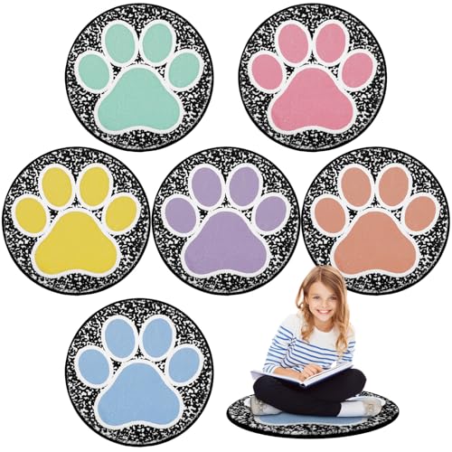 Teenyyou 6 Pcs 16" Dog Paw Classroom Rug Composition Notebook Classroom Rug Boho Pastel Floor Mat Non Slip Floor Mat for Preschool Kindergarden Dog Paw Round Flexible Seats Group Activity Spots Marker