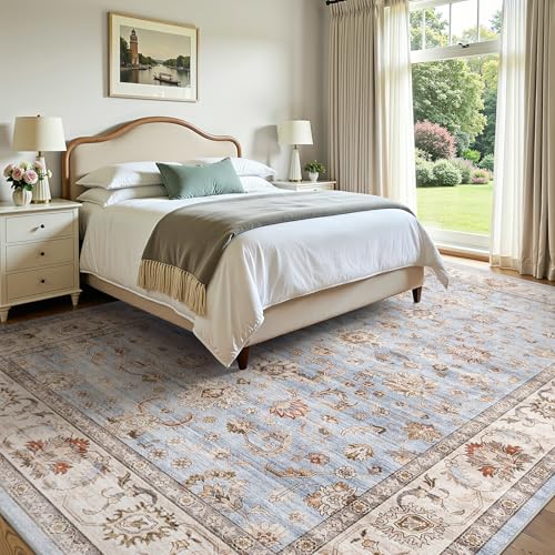 Washable Area Rug 8x10 Non-Slip Floral Dining Carpet, Sky Blue