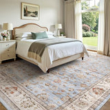 Washable Area Rug 8x10 Non-Slip Floral Dining Carpet, Sky Blue
