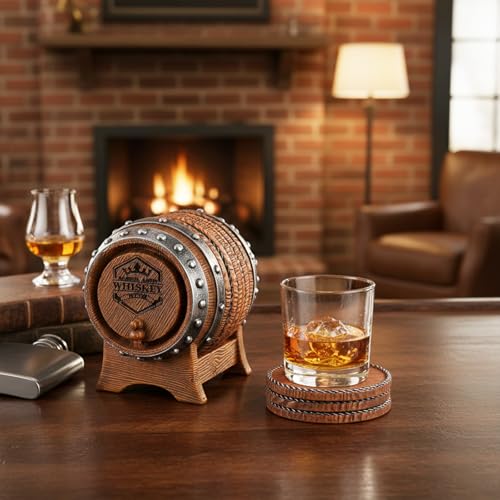 Whiskey Barrel Coasters Set 6 Full Size Non-Slip Cabin Decor Bar Coasters, for dad, Man Cave – alternate view