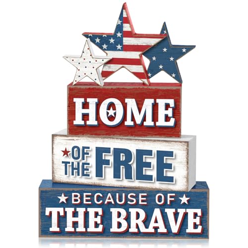 Yuntau 4 Pcs 4th of July Patriotic Table Decor Home of The Free Because of The Brave Wood Sign Red White Blue Table Centerpiece 250th Anniversary Independence Day Decor for Home Indoor Office Shelf