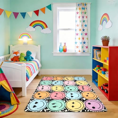 3.3x6.6 ft Pastel Smile Face Classroom Rug Composition Notebook Play Carpet Educational Area Rug Pastel Face Play Mat Non-Slip Back to School Floor Mat for Teaching Playroom Nursery Daycare Home Decor