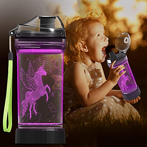 Lightzz Kids Water Bottle with 3D Glowing Game Console LED Light, 3D Glowing Unicorn Illusion LED Light - Tritan BPA Free - Travel Cup Gift for Back to School Girl Boy Child Holiday Camping Picnic