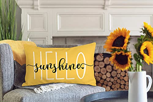 4TH Emotion Hello Sunshine Pillow Cover Farmhouse Yellow Lumbar Pillow Cover Spring Summer Decorations Cushion Case for Sofa Couch Polyester Linen 12x20 Inches