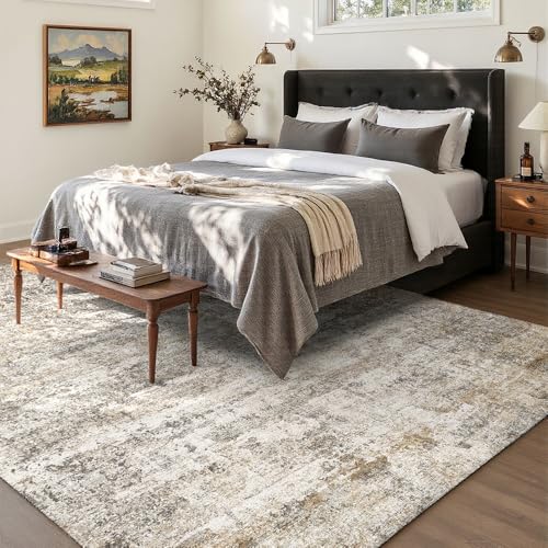 4x6 Grey Beige Washable Area Rug for Living Room, Vintage Print