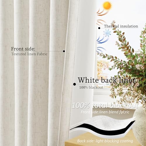 Cream Linen Blackout Curtains 84 Length 2 Panels Set for Living Room Bedroom, 100% Black Out Thermal Insulated Linen Drapes, Room Darkening Grommet Curtains 84 Inches Long Natural Beige
