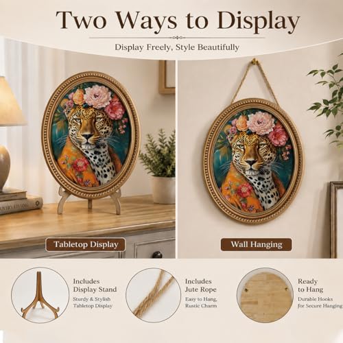 Regal Leopard Oval Wall Decor, Maximalist Leopard Oil Painting Style Wood Wall Art, Exotic Wildlife Wood Ornament for Desk Living Room Bedroom, 11.2 x 9 Inch