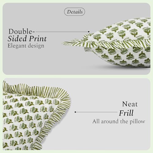 CPC Block Print Ruffle Throw Cover Emerald Green 20"x20" Inch Pack of 2-100% Cotton Ruffle Couch Decorative Boho Pillows Case for Living Room, Bedroom, Sofa, Farmhouse Gift for Spring, Mother's Day