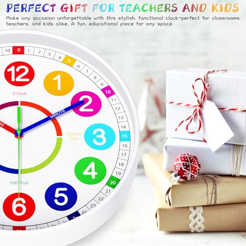 Kids Wall Clock - Non-Ticking, Battery-Operated Time Teaching Clock for Kids, Ideal for Children’s Bedrooms, Playrooms, and Stylish Home Décor – White, 12 Inch