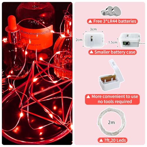 8 Pack Red Fairy Lights Battery Operated, 7ft 20 LED Mini String Twinkle Lights for Valentine's Day Christmas Halloween Mason Jars Party Centerpiece Table Decorations (8, Red)