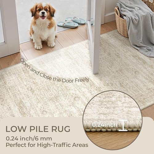 Rug Runners for Hallways Non Slip - 2x8 Runner Rug for Bedroom, Washable Runner with Rubber Backing, Soft Low-Pile Carpet for Kitchen, Laundry, Bathroom (2'x8', Beige/Ivory)