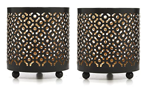Hosley Set of 2 Black (Gold Inside) Metal Jar Holder Candle Sleeve 4.5" High. Votive, Tea Light Lanterns Ideal Gift for Weddings, Parties, Spa and Aromatherapy O6