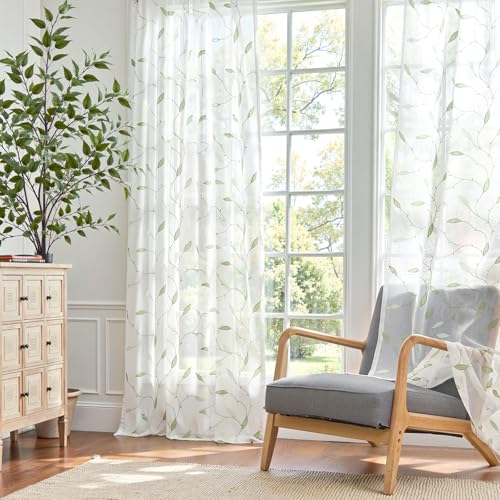 Lazzzy Sheer Curtains Embroidered Floral Leaf Voile Drapes for Bedroom Living Room Back Tabs Window Treatments 2 Panels 84 Inches Green on White