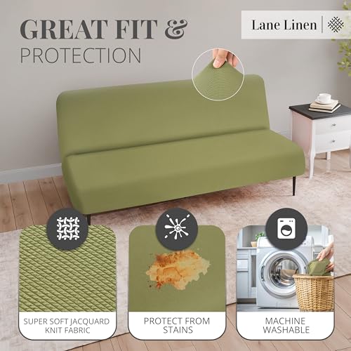 LANE LINEN Armless Futon Cover - Easy Stretchable Futon Covers Full Size, Soft Elastic Textured Fabric Sofa Bed Cover, Sofa Protector Cover for Kids, Machine Washable Couch Slipcover - Olive Green