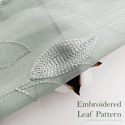 HOMEIDEAS Sage Green Sheer Curtains 52 X 63 Inches Length 2 Panels Embroidered Leaf Pattern Pocket Faux Linen Floral Semi Sheer Voile Window Curtains/Drapes for Bedroom Living Room
