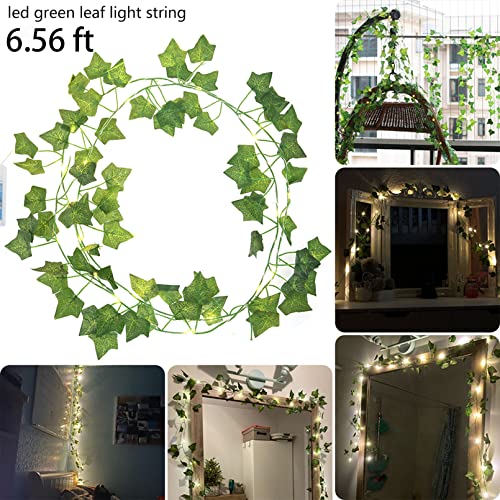 2 Pack 6.56 Ft Green Ivy Leaves Fairy String Lights Battery Operated, 40 LEDs Battery Powered Artificial Garland Plant Vine Fairy Light for Bedroom Wedding Party Holiday Patio Decor（Warm White）