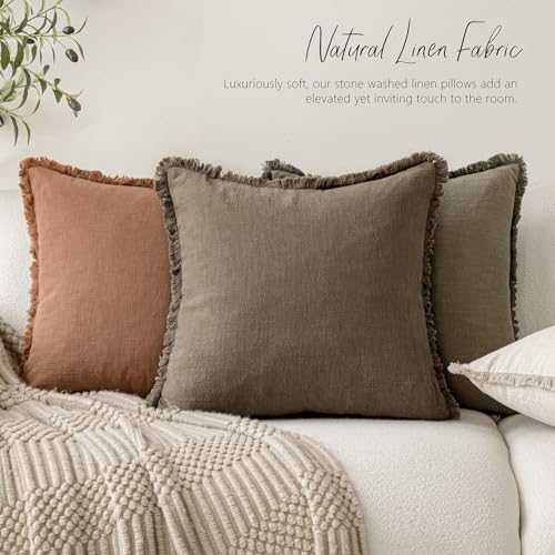 Foindtower Decorative Linen Fringe Throw Pillow Covers 26×26 Light Brown