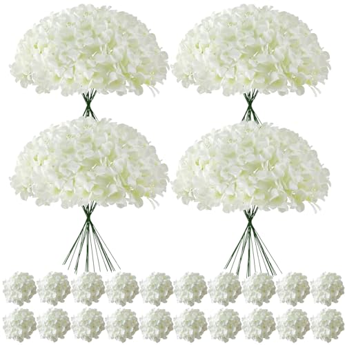 100 Pcs Faux White Hydrangea Artificial Flowers Bulk, Fake Silk Hydrangea Flowers Heads with Stems for Wedding Decorations Garden Party Baby Shower Porch Home Decor Table Centerpieces