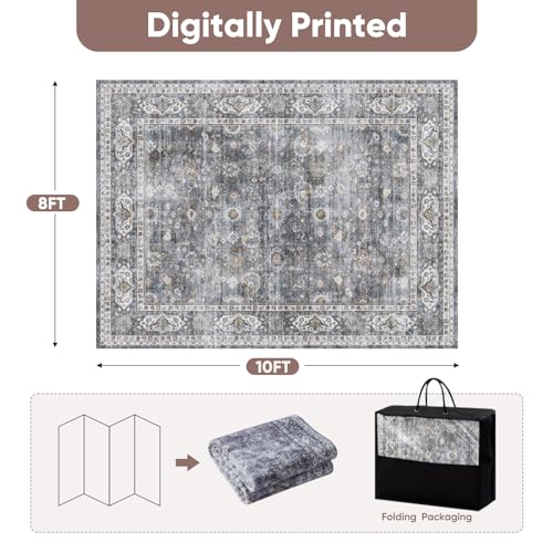 Rugcomf Large Living Room Rug 8x10 Washable Non Slip Vintage, Grey