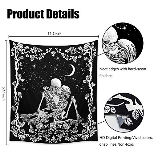 Wonrizon The Lovers Skull Tapestry,Black and White Romantic Constellation Skeleton Tapestries Wall Hanging decor for Living Room Bedroom (51.2”x 59.1”)