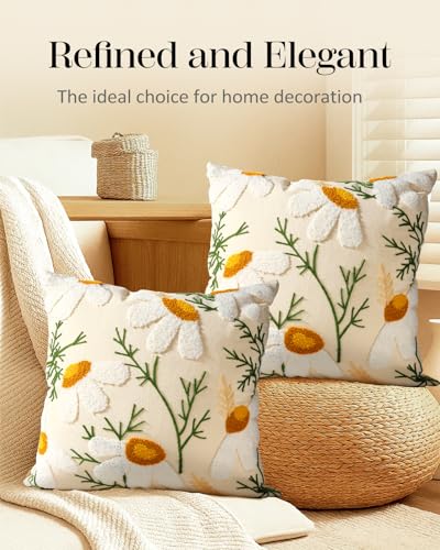 Embroidered Throw Pillow Covers 18x18 Inch - Set of 2 Summer Decorative Pillow Covers with Zipper Aesthetic Cute Design Throw Pillowcases for Couch Sofa Bed, Daisy