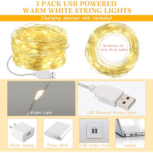 Macarrie 3 Pcs Fairy Lights USB Powered 16 ft 50 LED String Lights for Indoor Outdoor Bedroom DIY Party Wedding Home Festival Tree Garden Xmas Decoration (Warm White)