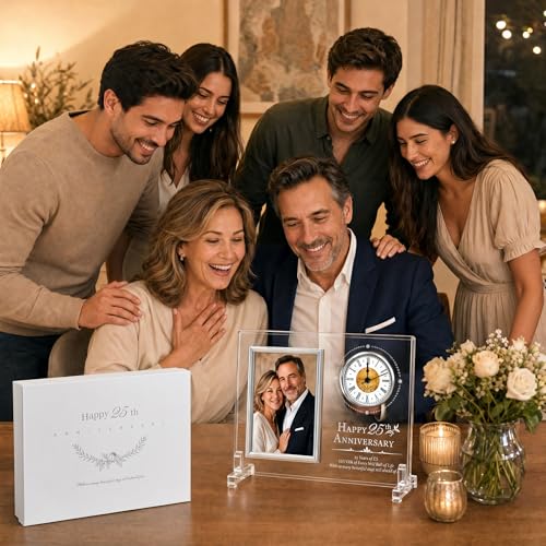25th Wedding Anniversary Quartz Clock | silver Anniversary Decorative Gift for Parents Couples Him or Her (Battery Not Included)
