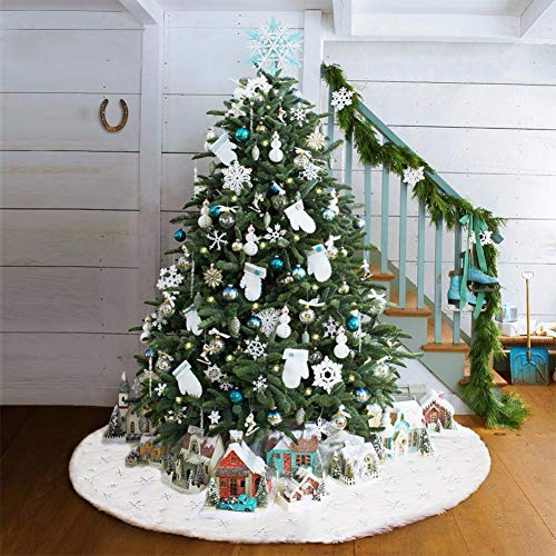 Dremisland Christmas Tree Skirt, 48 inches Large White&Silver Luxury Faux Fur Tree Skirt with Snowflakes Super Soft Thick Plush Tree Skirt for Xmas Tree Decoration (Silver, 48inch/122cm)