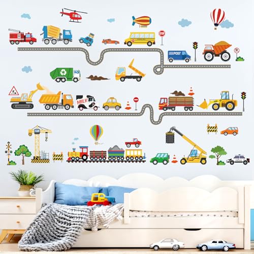 decalmile Car Road Wall Stickers Transports Vehicles Construction Truck Wall Decals Baby Nursery Kids Bedroom Playroom Wall Decor