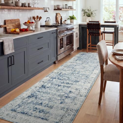 Vintage Rug Runners for Hallways Non Slip,Washable Runner Rug 2x10, Soft Long Distressed Non-Shedding Throw Carpet Runner Rug for Entryway Kitchen Laundry Living Room, Blue