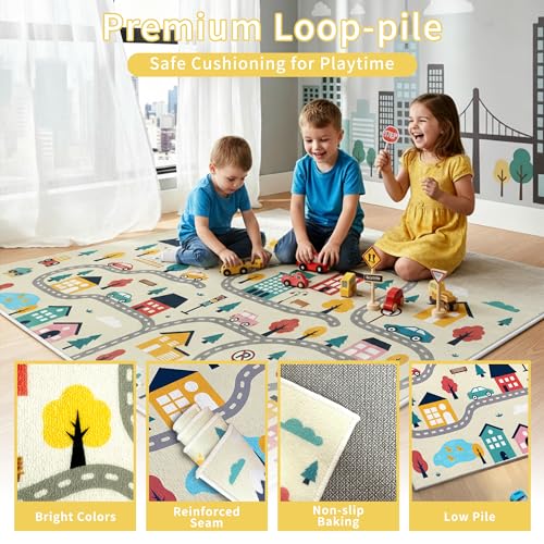 Enkor Kids Rugs, Non Slip 3' x 5' Road Playmat Carpet for Children, City Map Rugs for Playroom Bedroom Living Room Beige