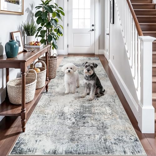 3x10 Runner Rug Hallway Washable: Abstract Rugs for Entryway Blue Grey